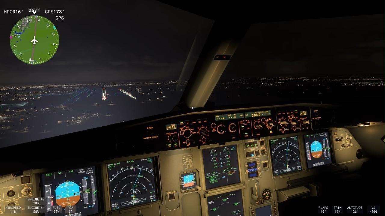 Auto pilot night landing at Charles De Gaulle airport Paris France