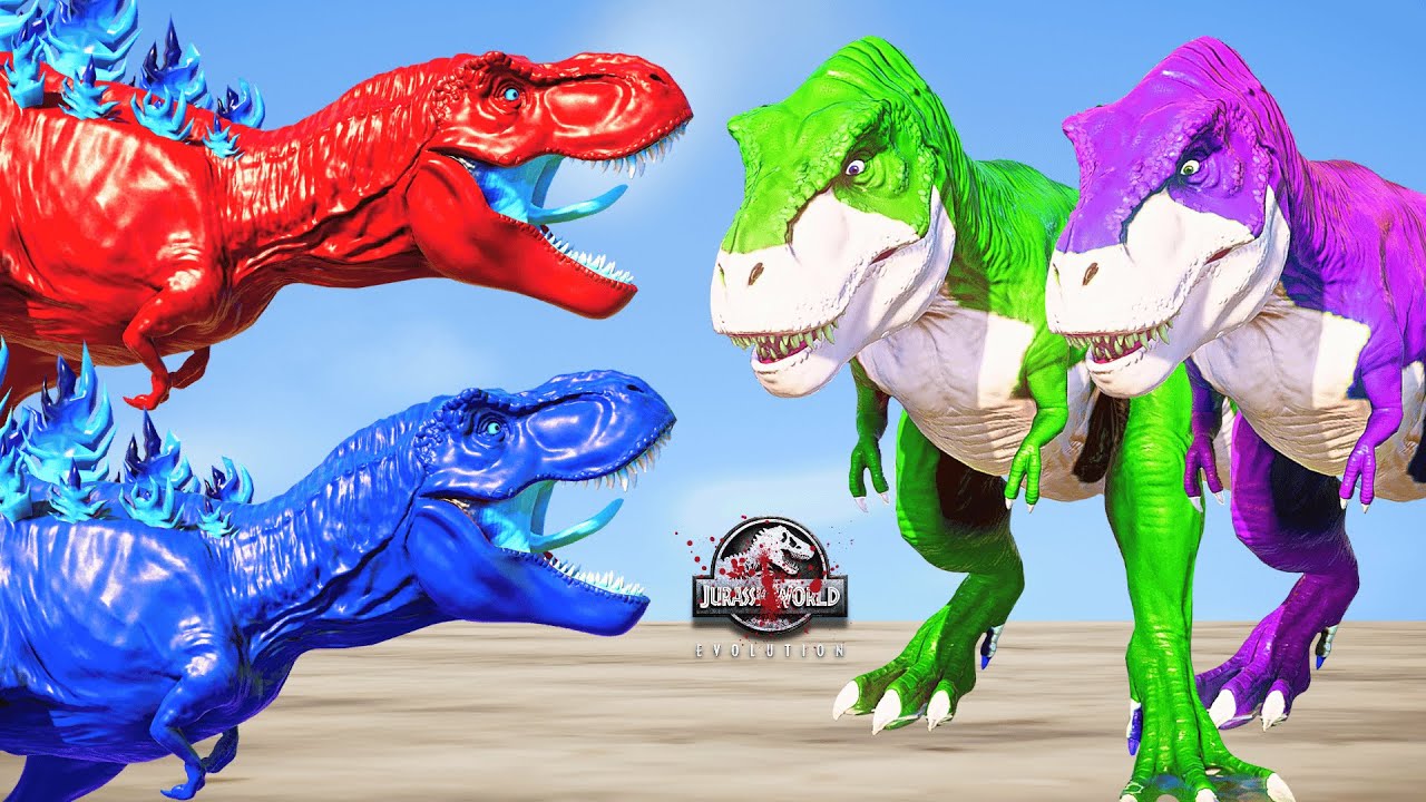 Blue & Red Godzilla Tyrannosaurus Rex vs Pink & Green T-Rex Dinosaurs Fight Jurassic World Evolution