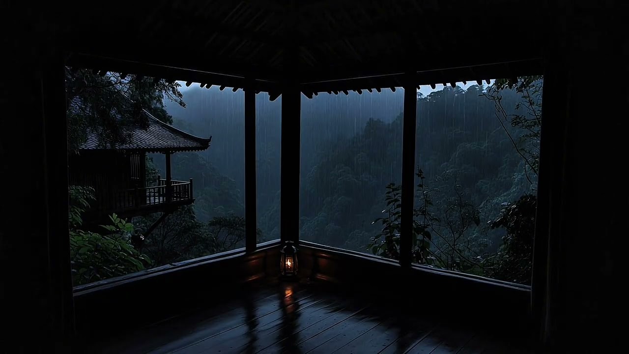 Mountain Temple Rain at Night | 8 Hour Ambient Sounds 🌧️ 