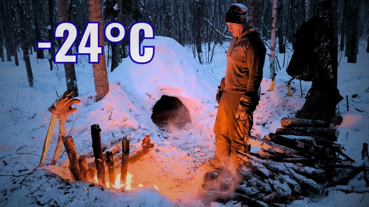-24°C Solo Overnight in a Winter Survival Shelter | 4K (No Talking)
