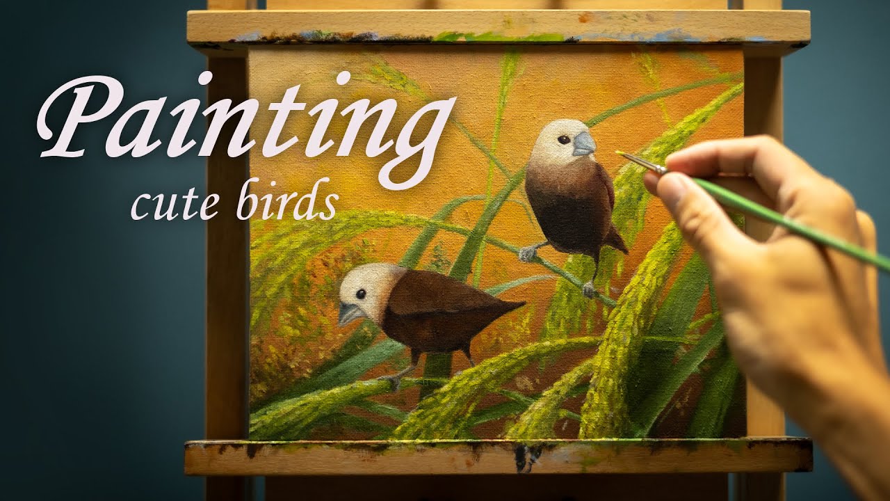 White-headed Munias - Cute Birds Oil Painting
