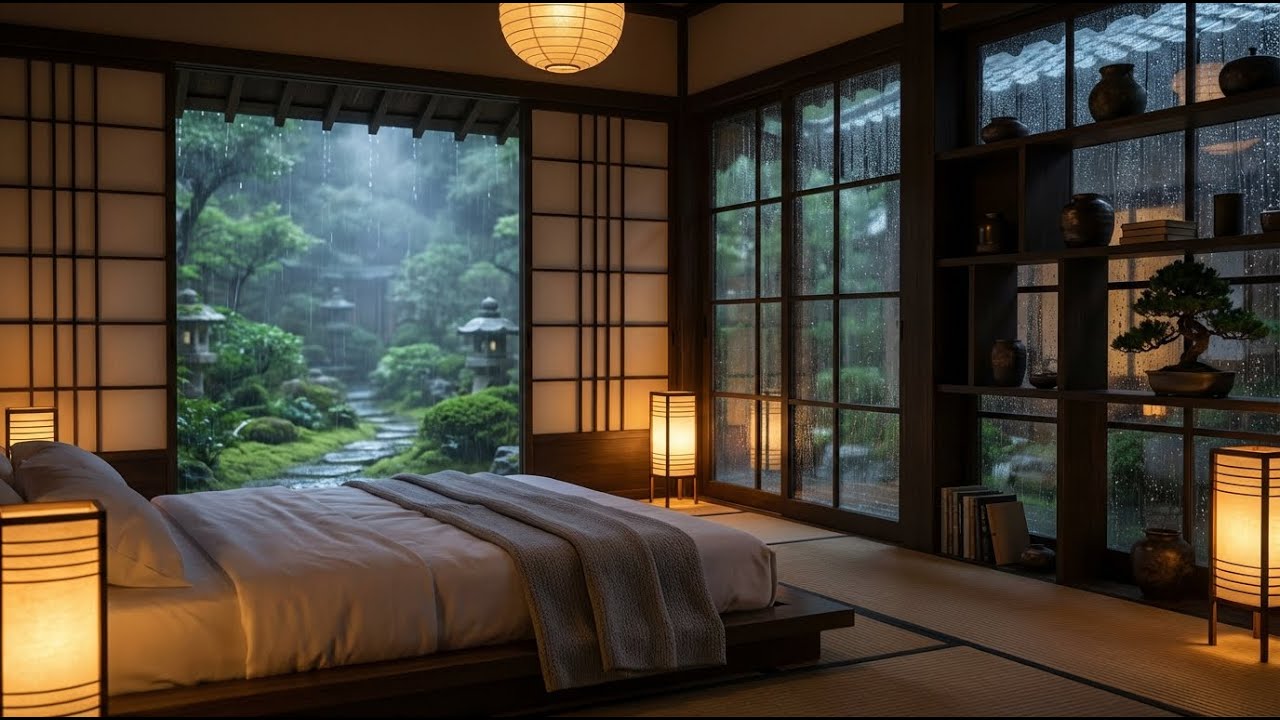 Soft Rain & Felt Piano in Cozy Japanese Bedroom with Garden View for Stress Relief and Sleep 🌧️