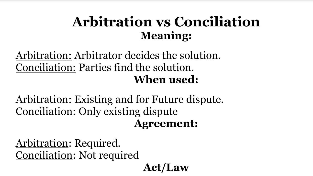 Difference between Arbitration and Conciliation | Arbitration vs Conciliation | Arbitration Act 1996