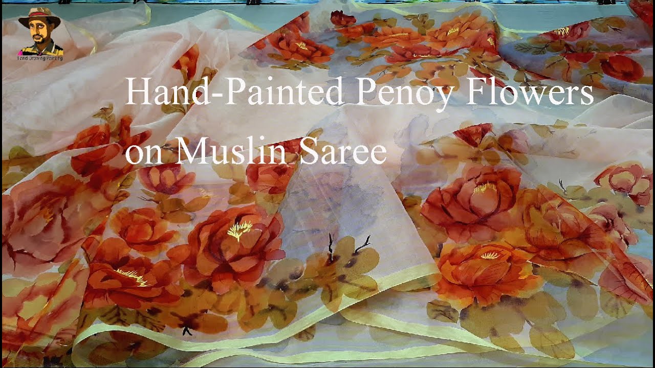 Hand-Painted design Peony flowers on muslin saree ||  Fabric Painting tutorial full saree ||