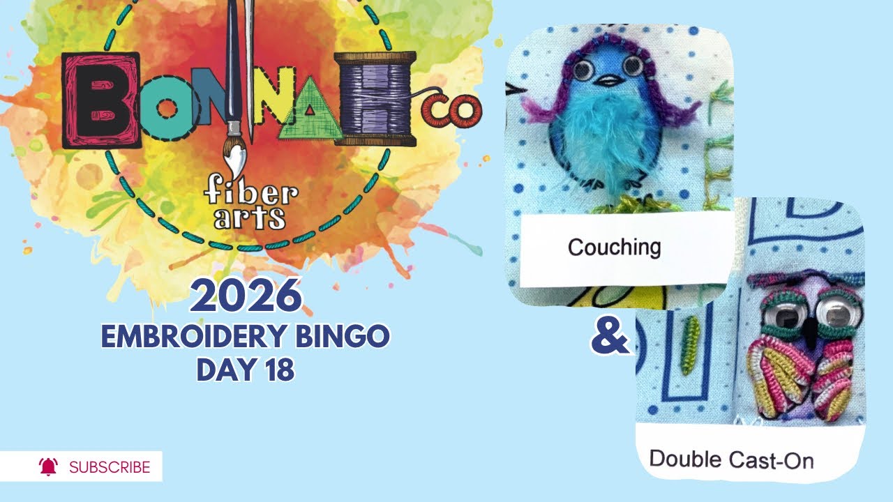 Embroidery Bingo 2026 Day 18: Couching and Double Cast-on Stitches