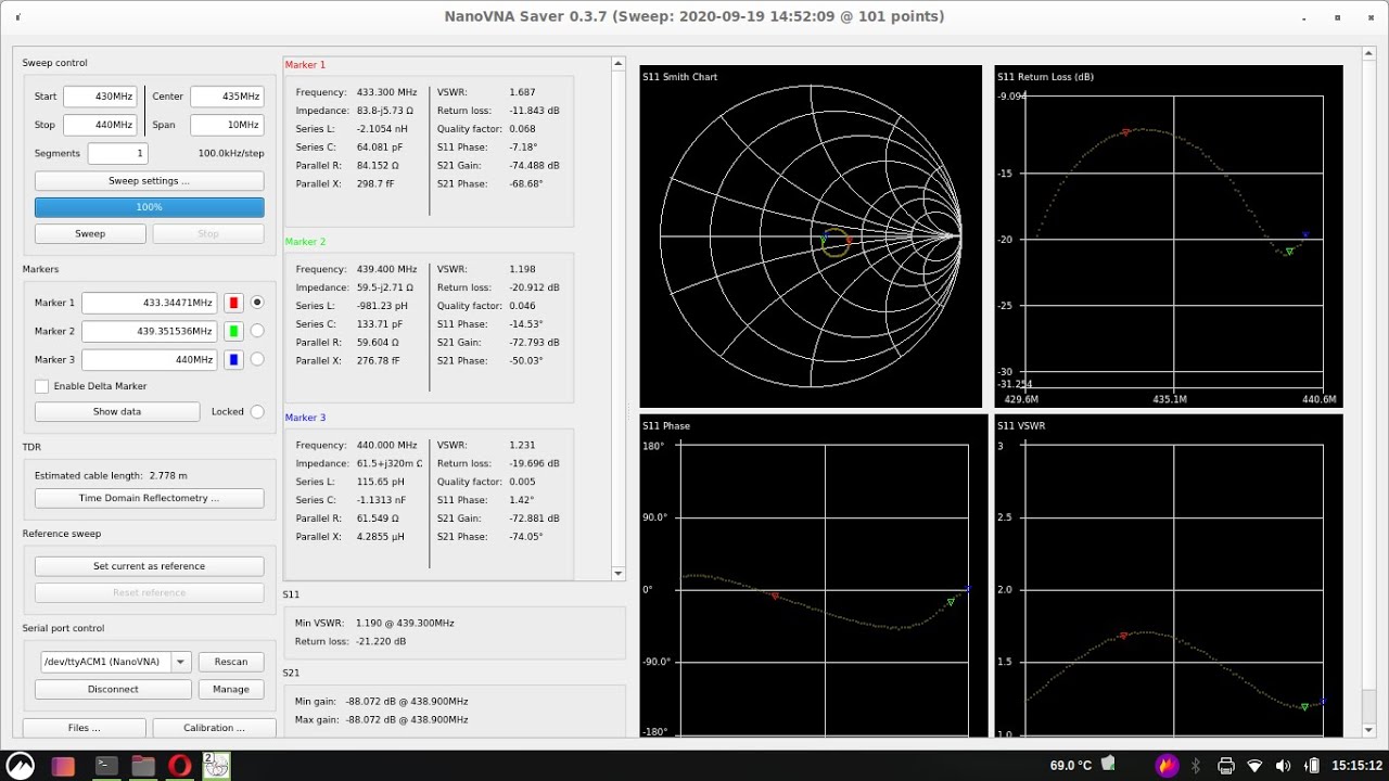 5 Elements UHF Yagi 1.2SWR @439.350 calibrated using nanoVNA and nanoVNASaver