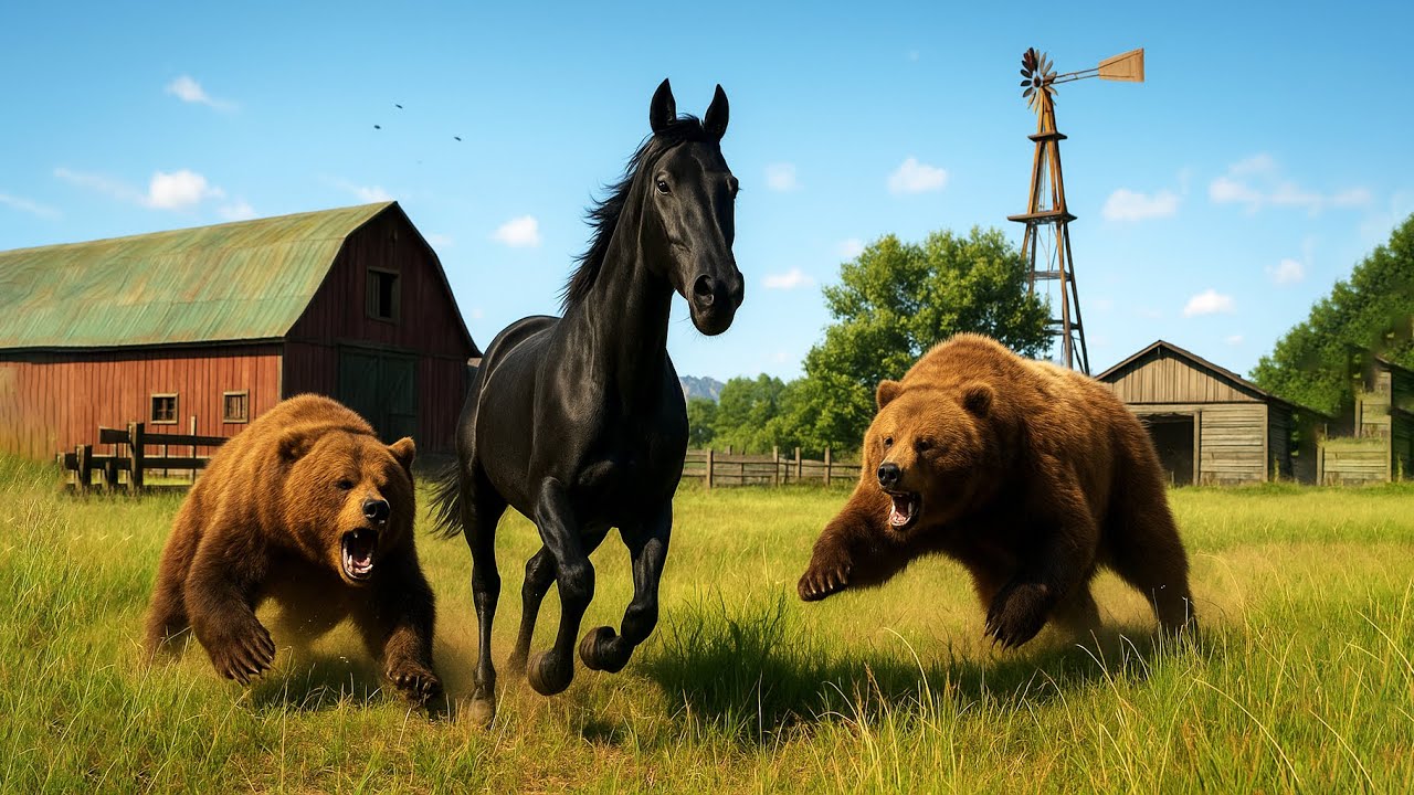 Black Horse Chased by Two Grizzly Bears in the Wild