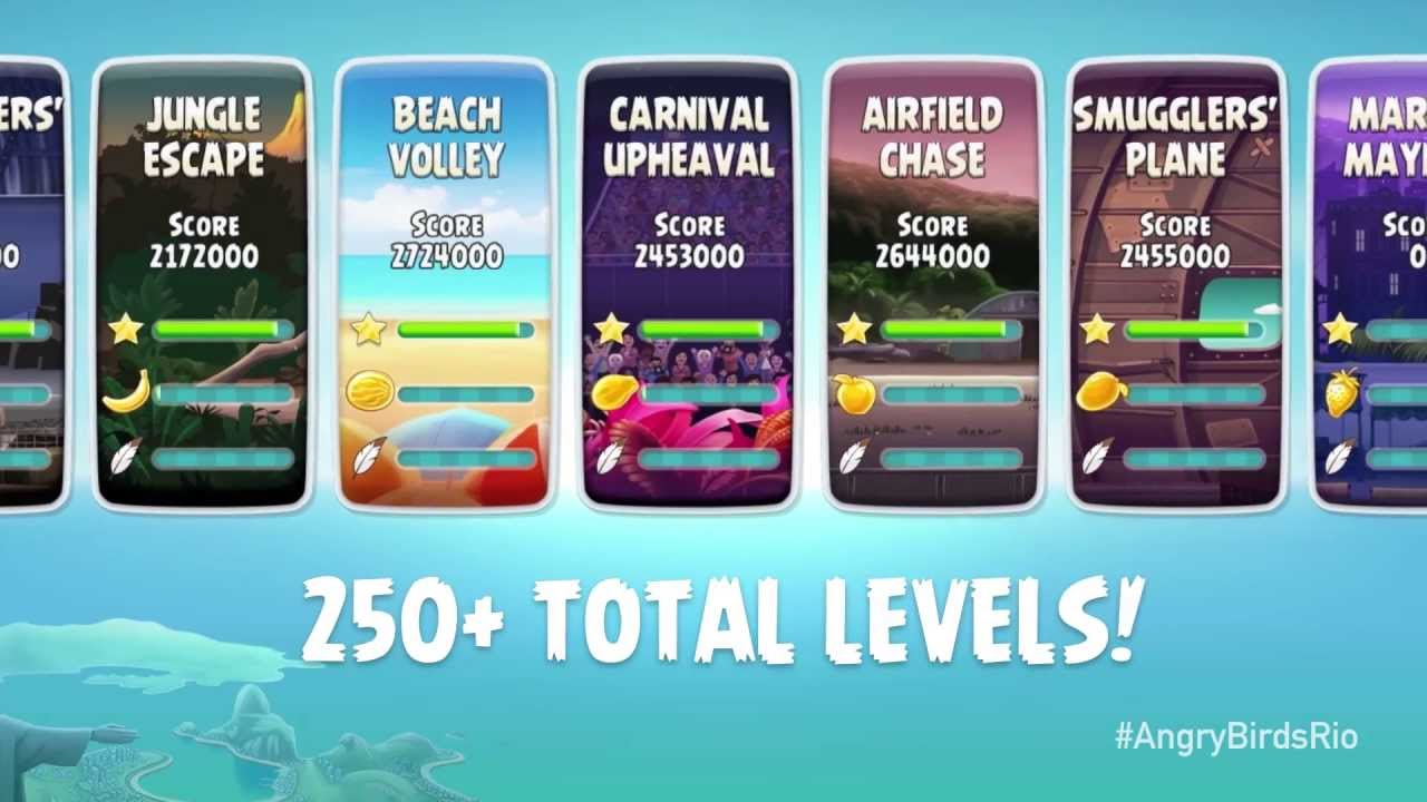 Play over 250 levels in Angry Birds Rio
