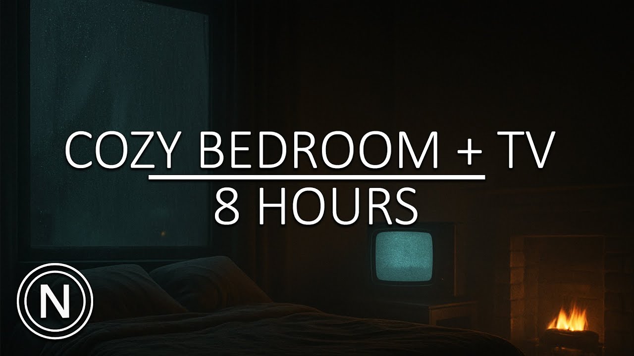 NEO NOIR AMBIENCE – 8 Hours Cozy Dark Bedroom | Rain, Thunder, Fireplace, TV Glow | 4K Relax & Sleep