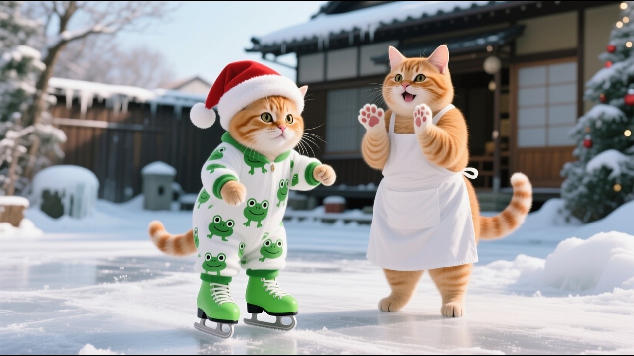Mama Cat Surprises Ginger Kitten with Ice Skates! 🎁⛸️ | Christmas Cat Story