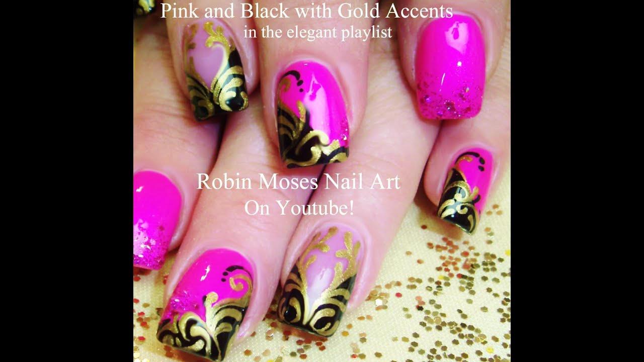 Fun and Formal Nails! Pink black and Gold Filigree Nail Art Design Tutorial