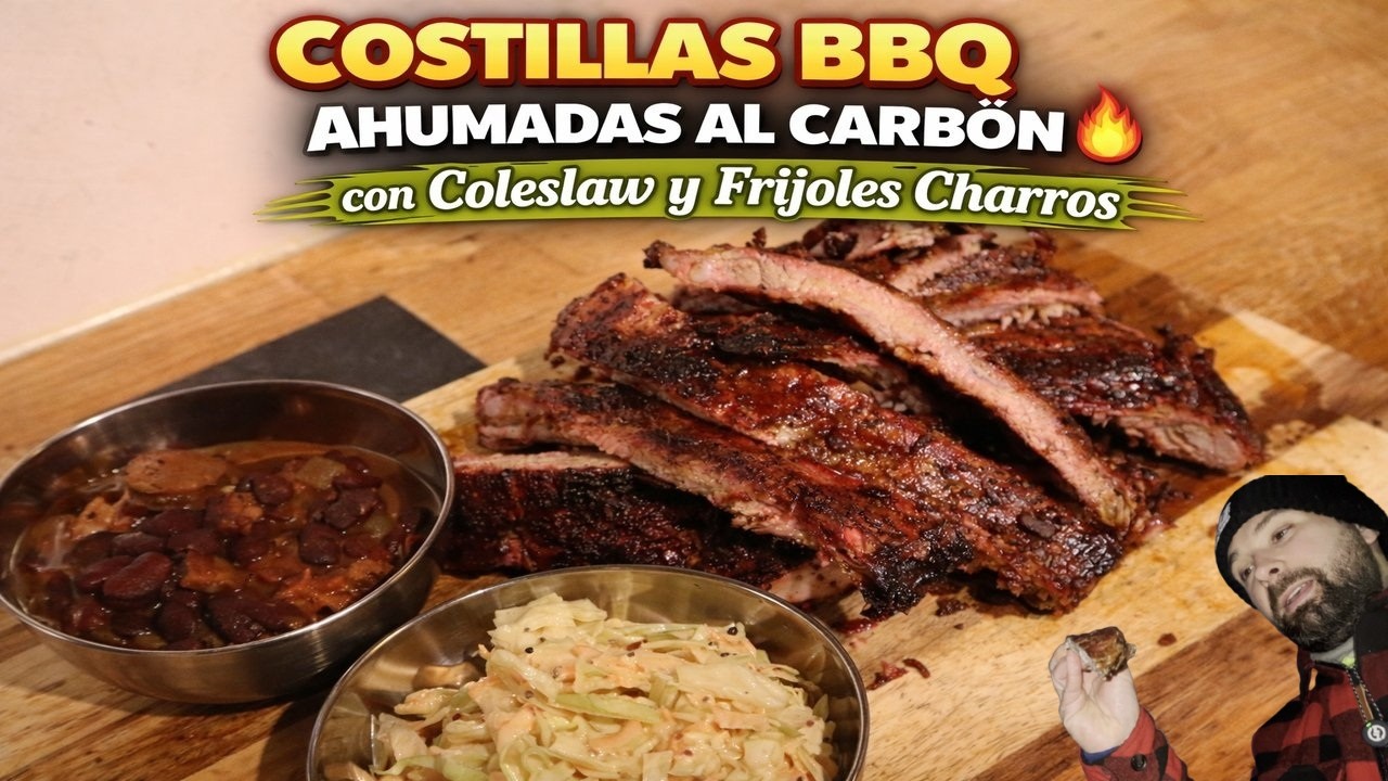Costillas BBQ Ahumadas al Carbón 🔥 con Coleslaw y Frijoles Charros