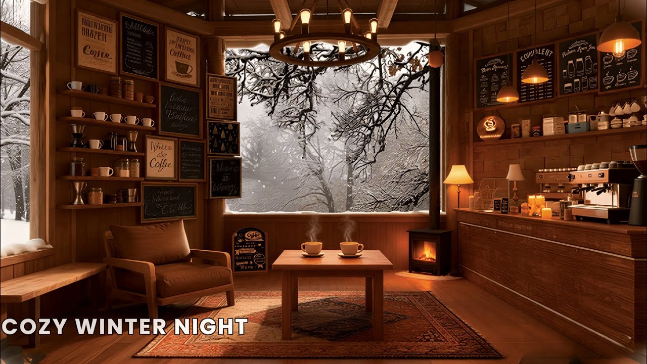 Snowy Night Coffee Shop Ambience ❄ Smooth Jazz & Warm Fireplace for Study & Relax