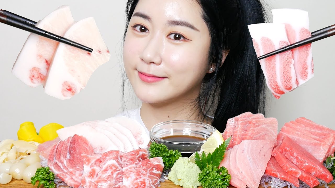 SUB)ASMR МУКБАНГ Сашими из ТУНЦА [TUNA SASHIMI] マグロ Real sound Mukbang