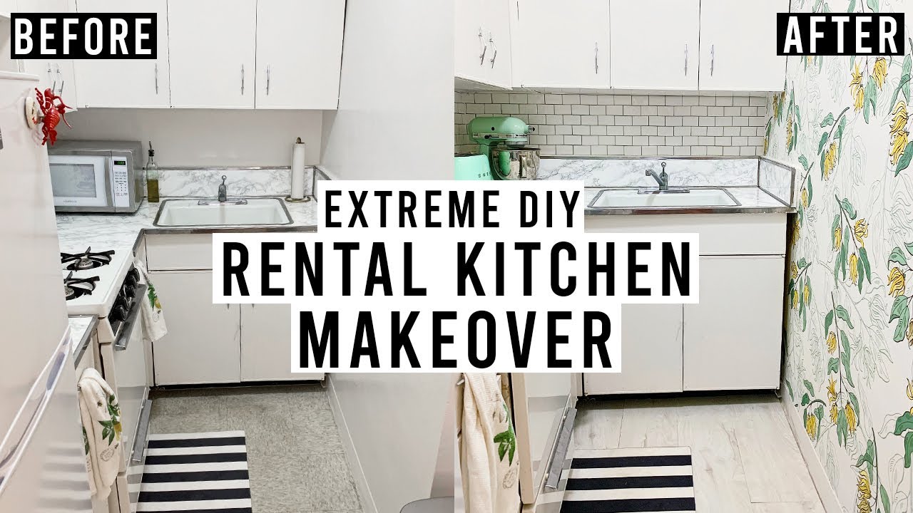 EXTREME DIY RENTAL KITCHEN MAKEOVER! | Peel + Stick Backsplash, Removable Wallpaper, Vinyl Floor