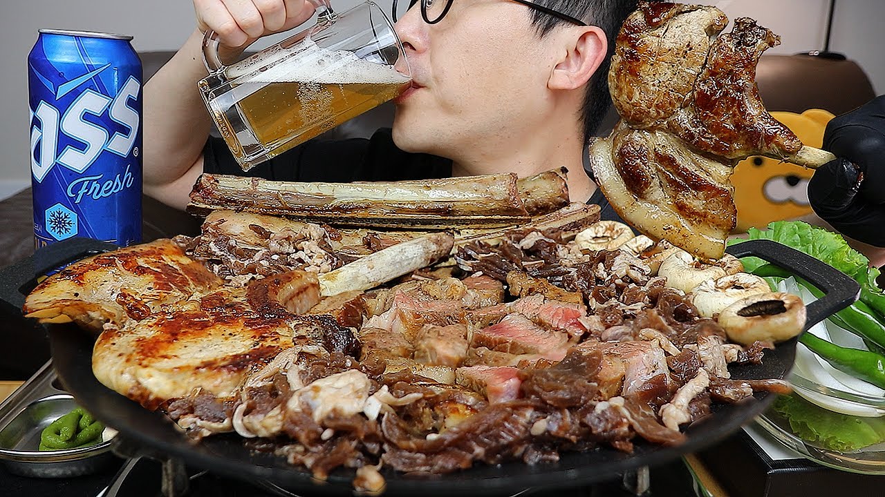 ASMR MUKBANGㅣGrilled Beef Ribs & HUGE PORK STEAKㅣEATING SHOW