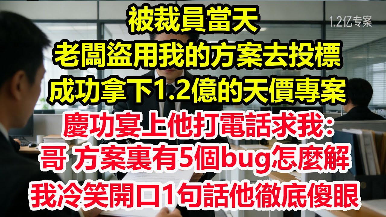 被裁員當天，老闆盜用我的方案去投標，成功拿下1.2億的天價專案，慶功宴上他打電話求我：哥，方案裏有5個bug怎麼解？我冷笑開口1句話他徹底傻眼！#情感 #爽文 #職場 #生活 #總裁