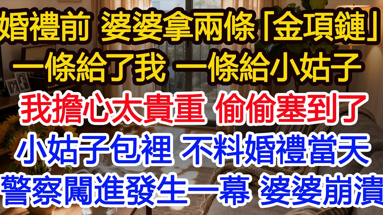 婚禮前 婆婆拿出兩條「金項鏈」一條給了我 一條給小姑子我擔心太貴重 偷偷塞到了小姑子包裡 不料婚禮當天警察闖進發生一幕 婆婆崩潰#為人處世 #正能量 #故事分享 #生活經驗 #情感