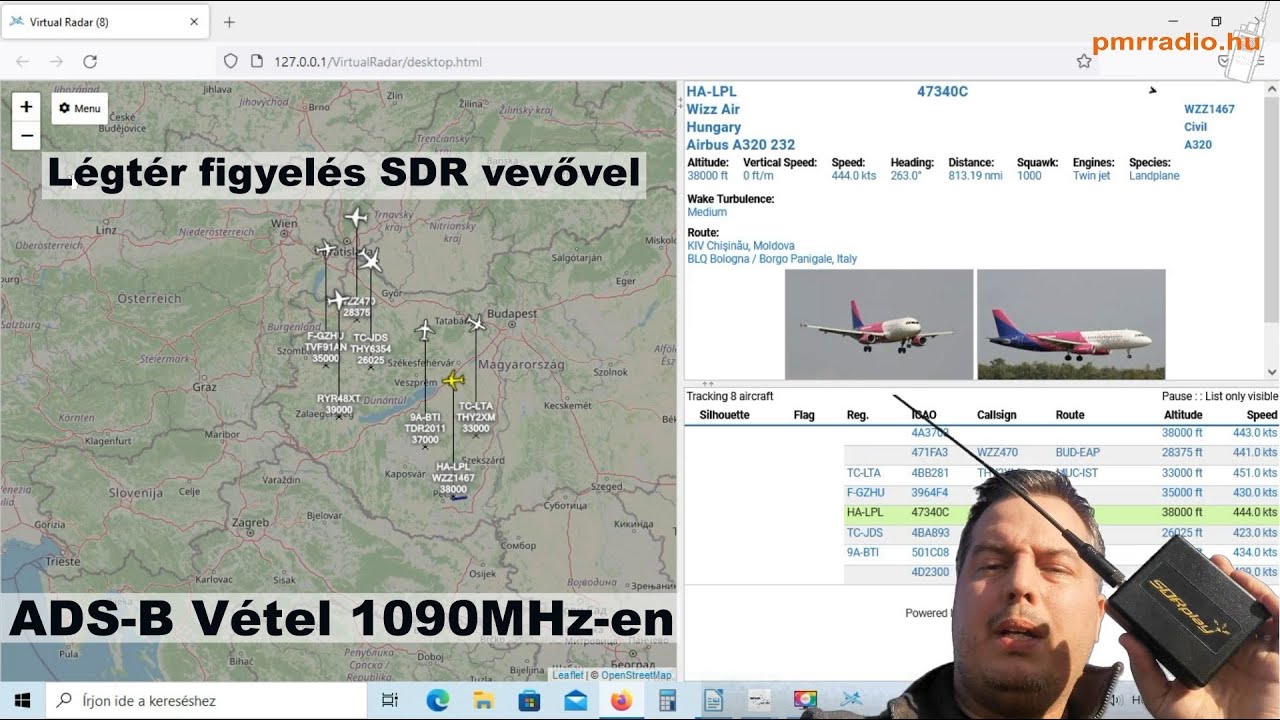 Légi forgalom követés Rsp1A SDR vevővel. ADB-S Vétel 1090MHz
