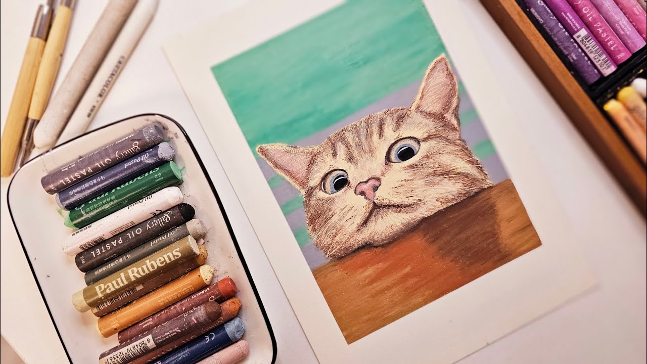오일파스텔 초보 고양이 그림 그리기 / 초보를 위한 동물 털 표현 튜토리얼 /Oilpastel painting animals tutorial /A cute cat♡