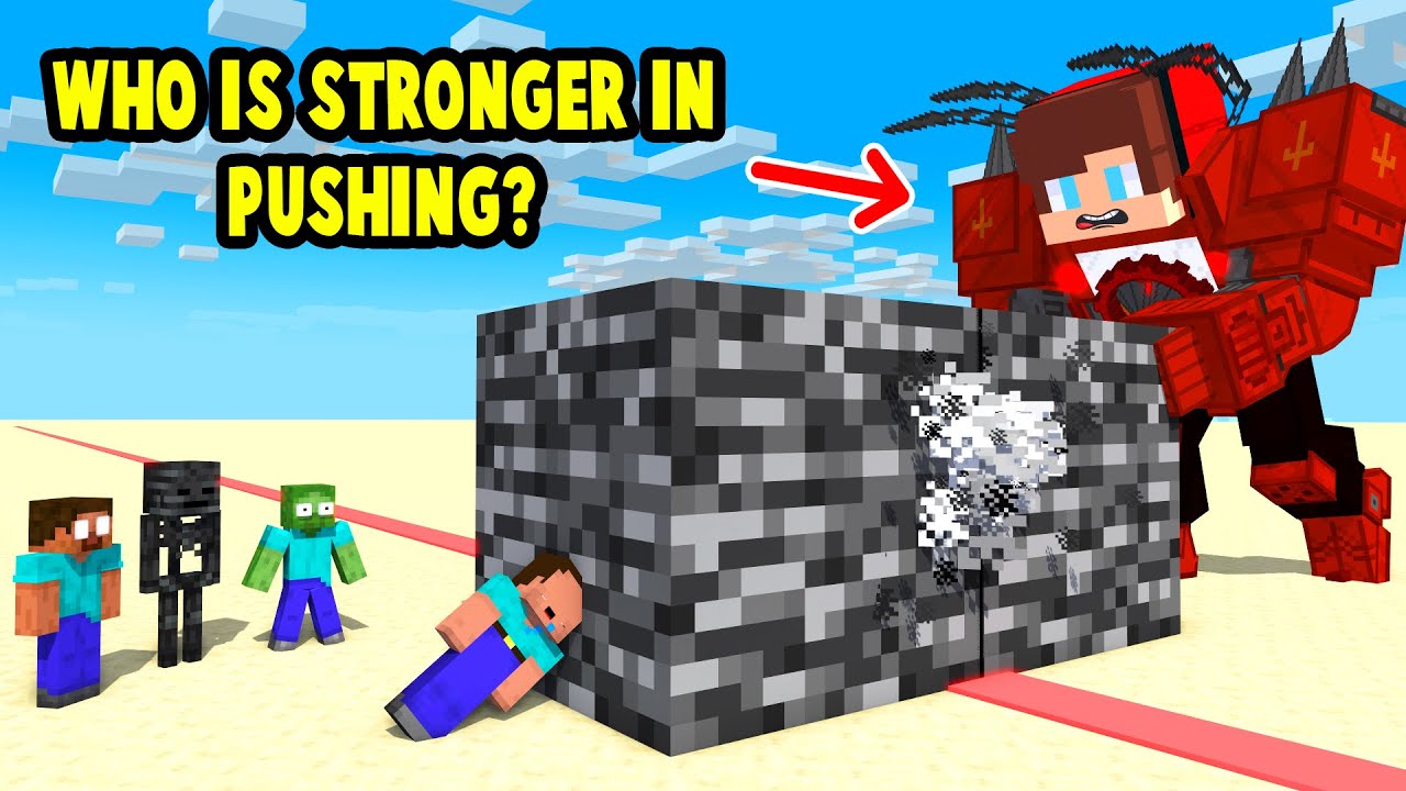 Monsters & Herobrine vs Titan JJ Drillman: WHO IS STRONGER IN PUSHING? - Maizen Minecraft Animation