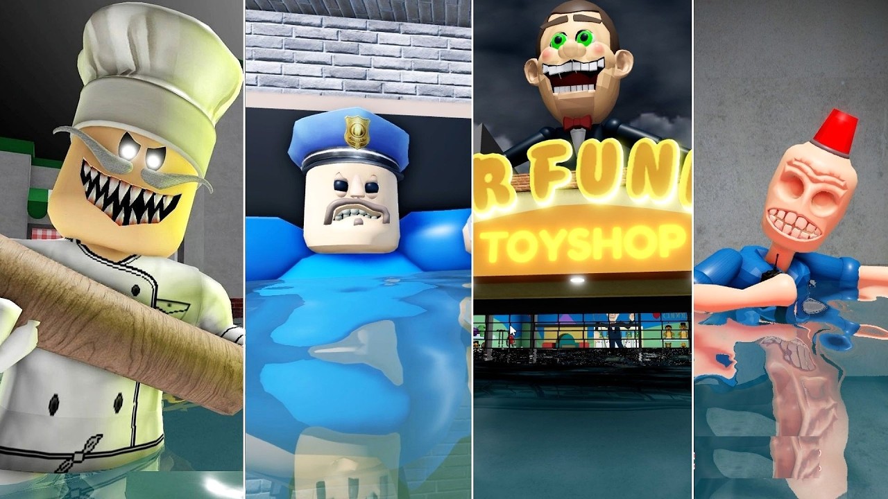 UNDERWATER PAPA'S PIZZERIA, BARRY PRISON, MR FUNNY TOYSHOP, SIREN COP'S PRISON ROBLOX OBBY