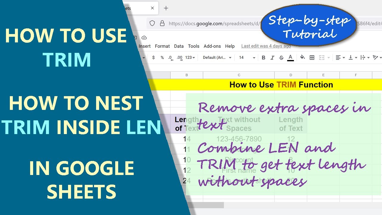 Google Sheets TRIM Function | Remove Extra Spaces in Text | Nest TRIM inside LEN | Tutorial