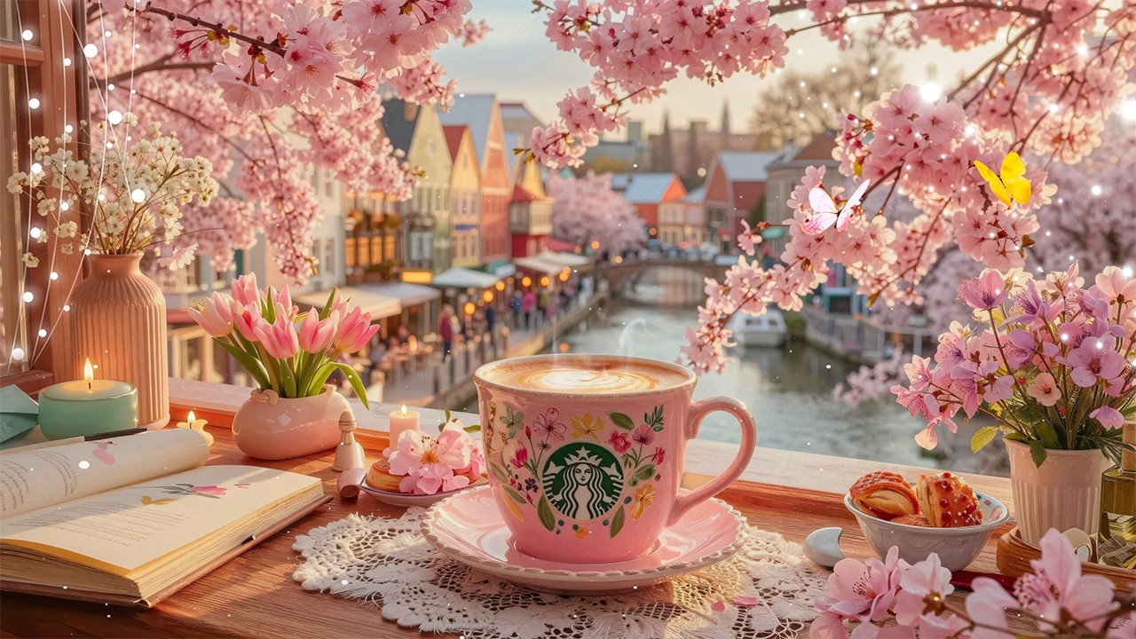 𝟑月の桜運河カフェで聴くスターバックスジャズ🌺春の朝日と穏やかな川の景色 -カフェに合うBGM | Quiet Spring Starbucks Jazz（広告なし）春のメロディーが香りを運ぶ