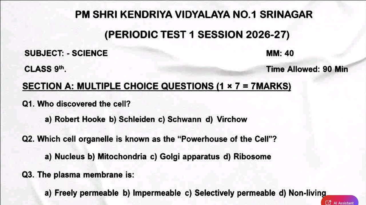 Class 9 Science / Question Paper 2026-27 / Periodic Test-1 (PT-1) Paper PM SHRI KENDRIYA VIDYALAYA
