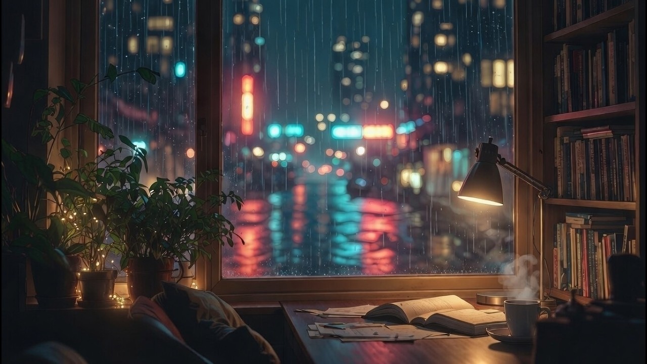 Rainy City Night Study Room | Neon Lights & Rain | 10 Hours Sleep & Study Ambience