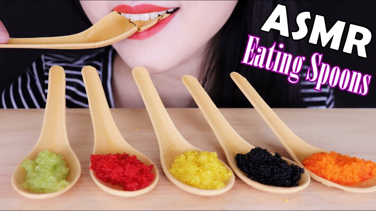 ASMR Eating SPOON + TOBIKO EGGS | サクサクの音 | 食べられるスプーン | 숟가락 리얼사운드 노토킹 먹방 | asmr food | Abbey ASMR