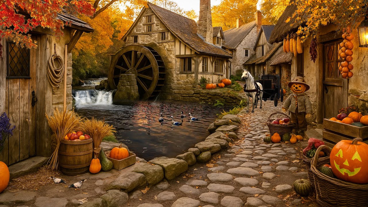 Pumpkin Watermill Village 🍂 Relaxing Autumn Ambience with River & Nature Sounds