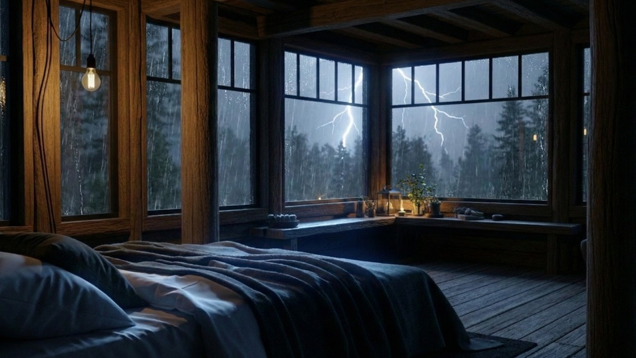 Night Rain and Thunder Outside a Forest Cabin Deck | Peaceful Storm Sounds for Deep Sleep