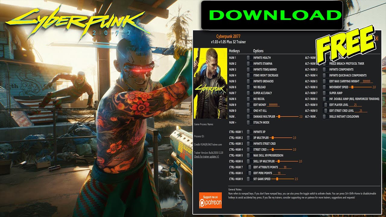 Cyberpunk 2077 GAME TRAINER +32 v1.03-v1.05 (FLING) - Download