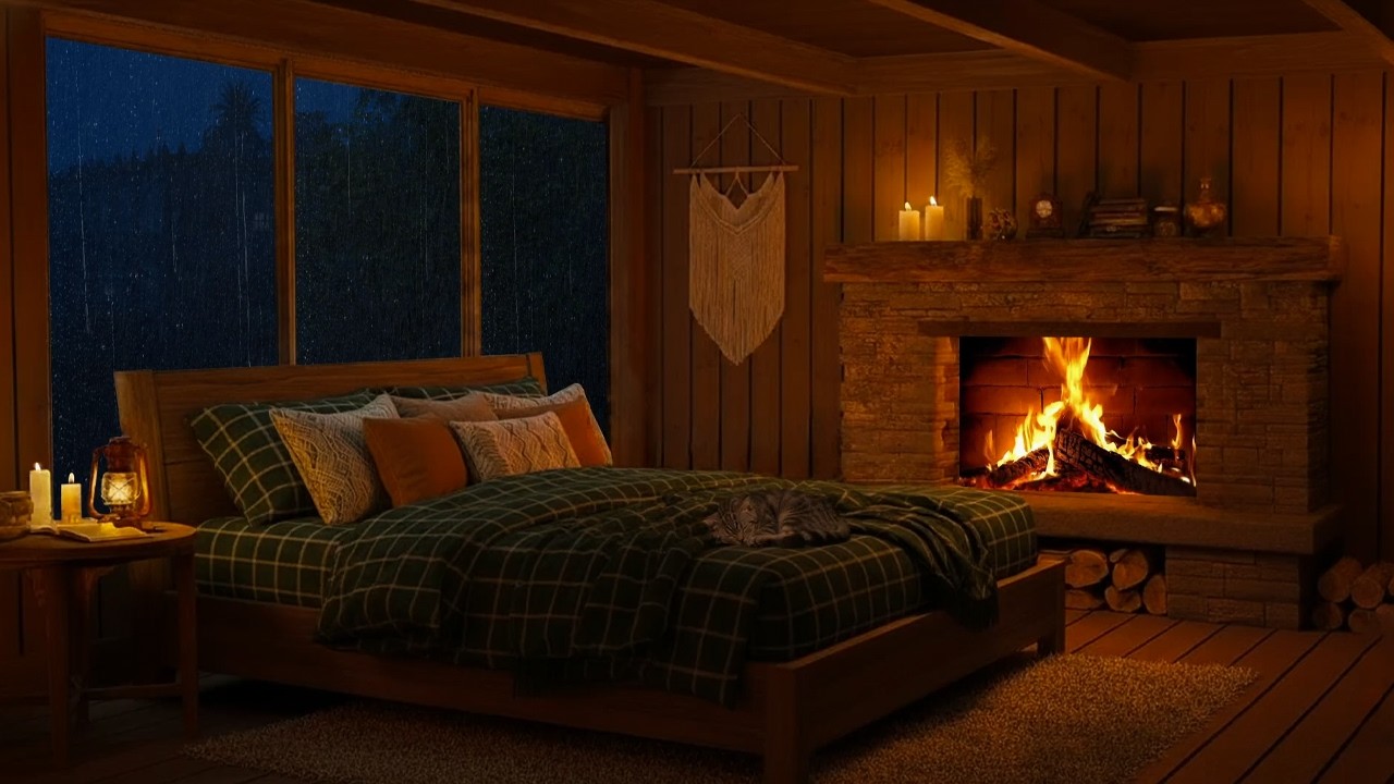 FALL ASLEEP IN SECONDS (99% Effective)😴 Mountain Rain & Cozy Cabin Fire 🌧️Deep Sleep & insomnia cure