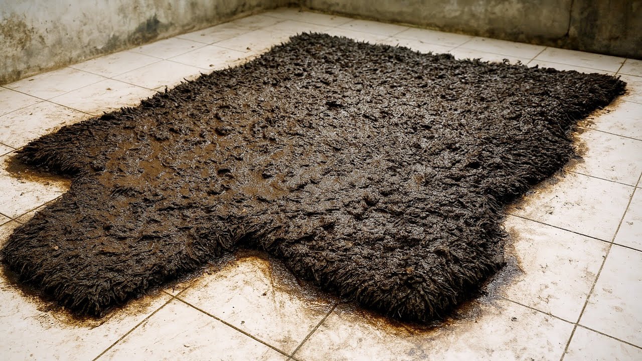 Removing black dirt from a cute shaggy rug/ satisfying cleaning shaggy carpet by many scrapes