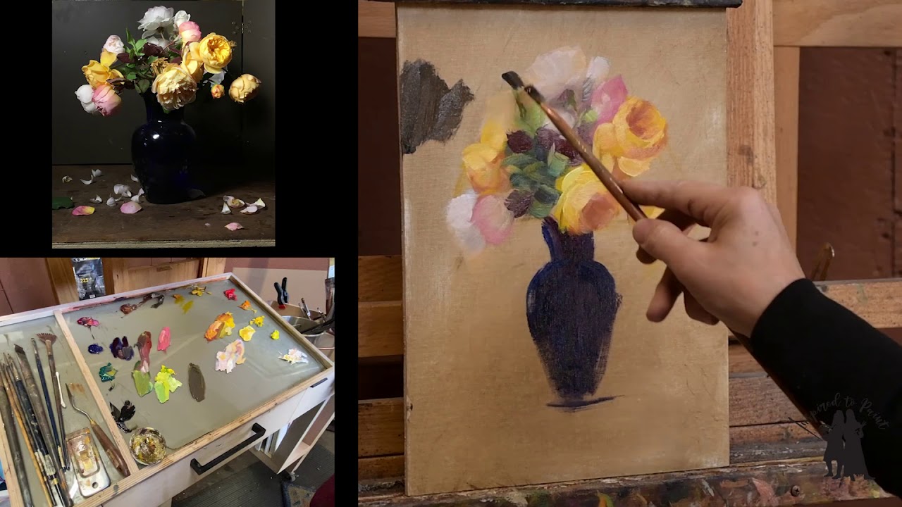 Time-lapse of Elizabeth Robbins painting yellow roses in a blue vase