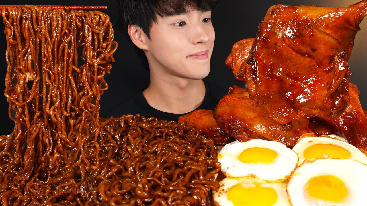 짜파게티, 계란후라이, BBQ 자메이카 통다리 치킨 먹방 BLACK BEAN NOODLES & BBQ GRILLED CHICKEN MUKBANG ASMR EATING SOUNDS