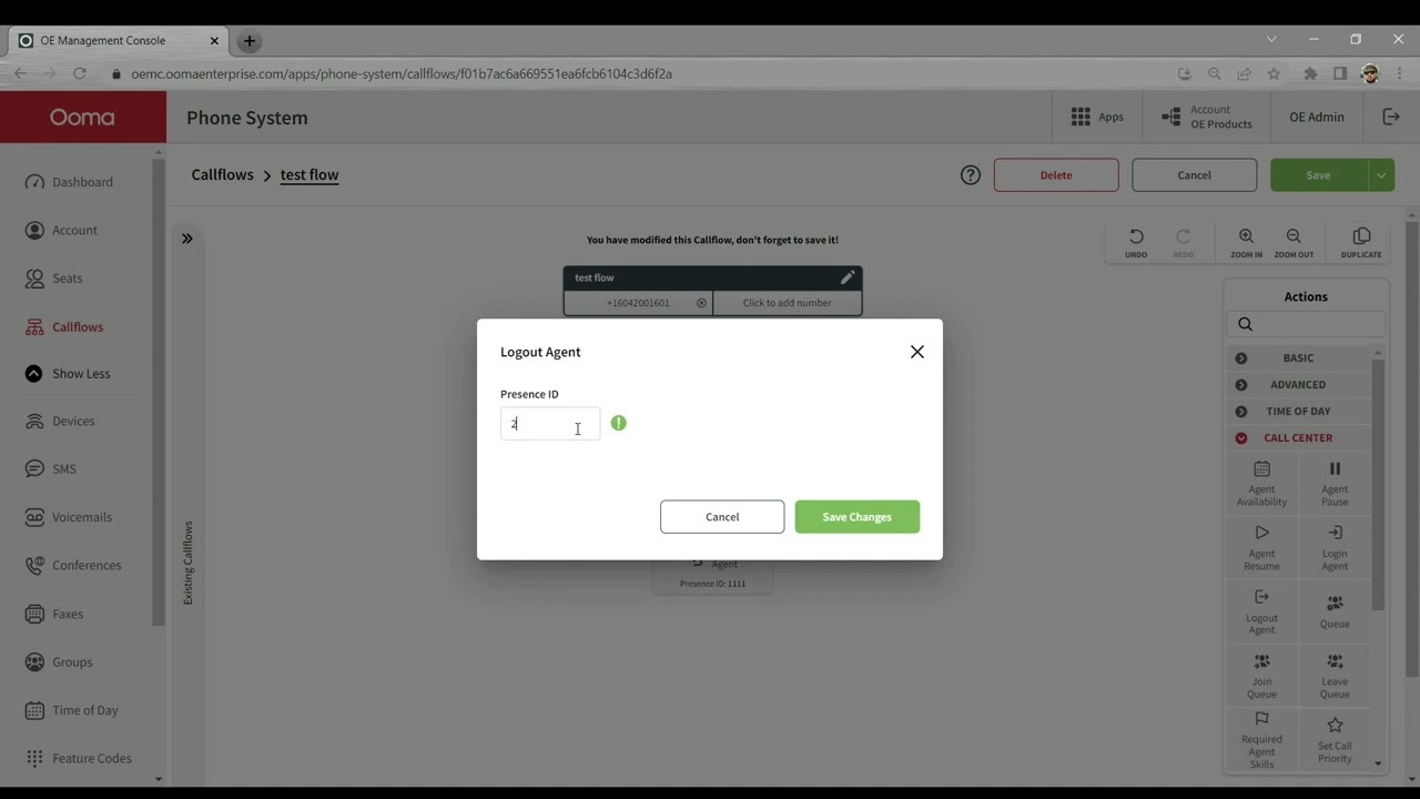 Phone System App. Callflows - Call Center Actions - Agent Login and Agent Logout