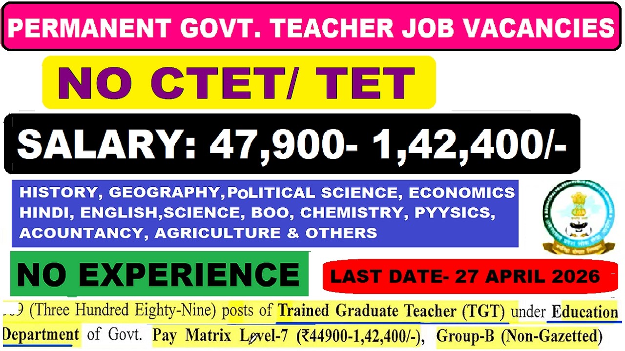 🇮🇳 Permanent Govt Teacher Recruitment 2026 | Salary ₹47,900&ndash;₹1,42,400 💰 | No CTET/TET | 389 TGT Post