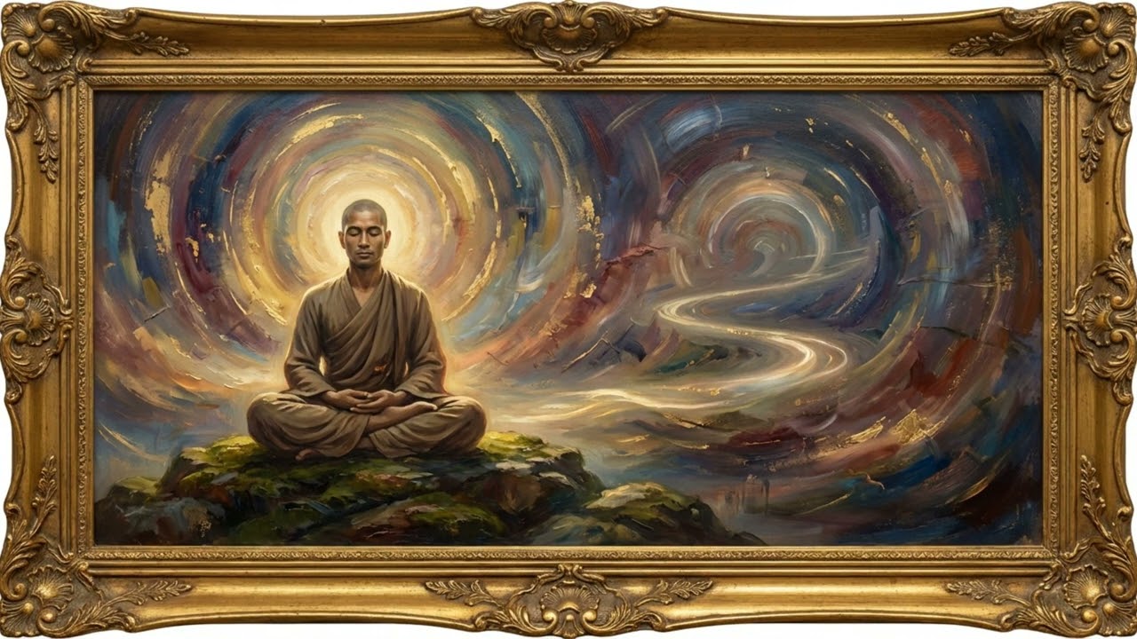 Manifest Inner Peace: Art Frame | Golden Halo Meditation Virtual Window | Buddhist Monk
