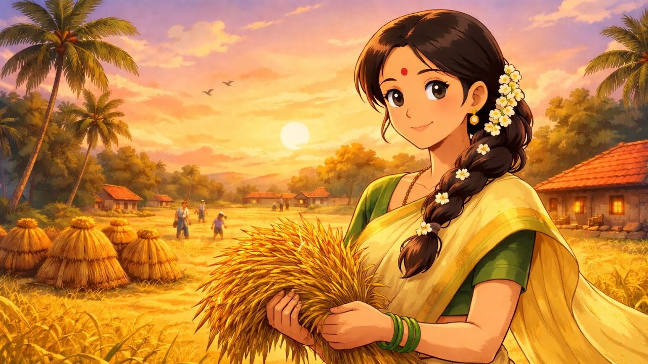Ghibli-Style ASMR Village Life – Paddy Harvest with Village Woman