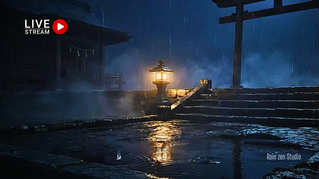 🔴LIVE: Traditional Japanese Rain - Flooded Shrine Courtyard at Midnight (No Music)