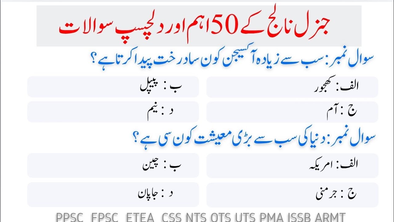 50 Important Questions of Pakistan + World General Knowledge | Prepare for the Test