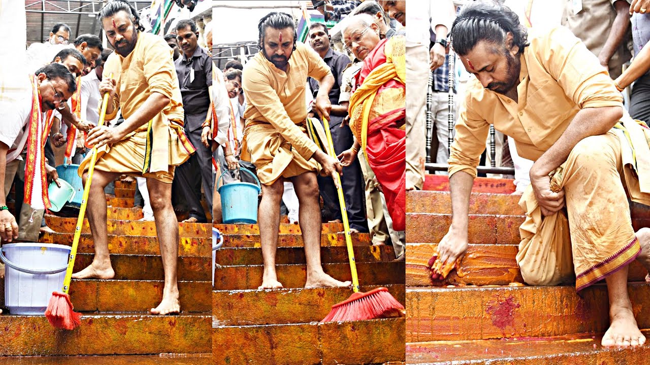 Deputy CM Pawan Kalyan Cleans Vijayawada Kanaka Durga Ammavari Steps | Tirumala Laddu Controversy