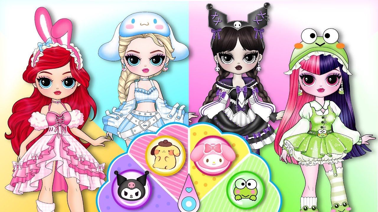 Disney Princess & Wednesday Glow Up into Sanrio, Kuromi, Melody Outfits! | DIY Paper Dolls Dress Up