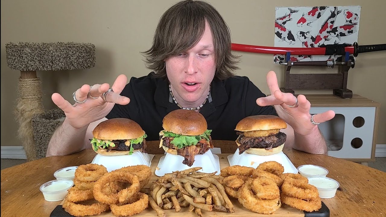 Nutella on a Burger?! • Gourmet Burgers + Onion Rings and Fries Mukbang