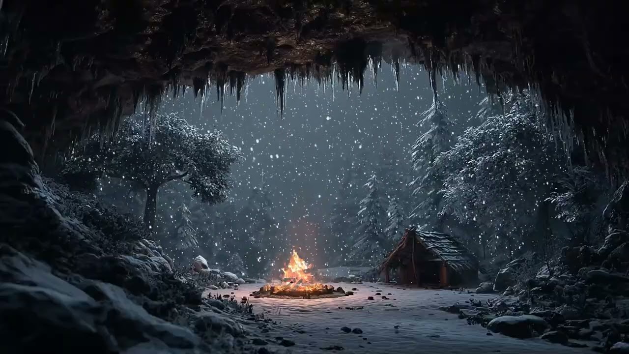 Winter Cave Snowstorm Ambience 🌙 Stable Wind & Campfire White Noise for Sleep