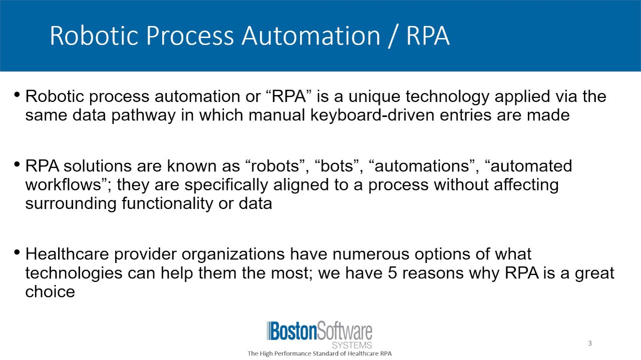 5 Benefits: RPA for Healthcare - Boston Software  Systems - Healthcare Robotic Process Automation