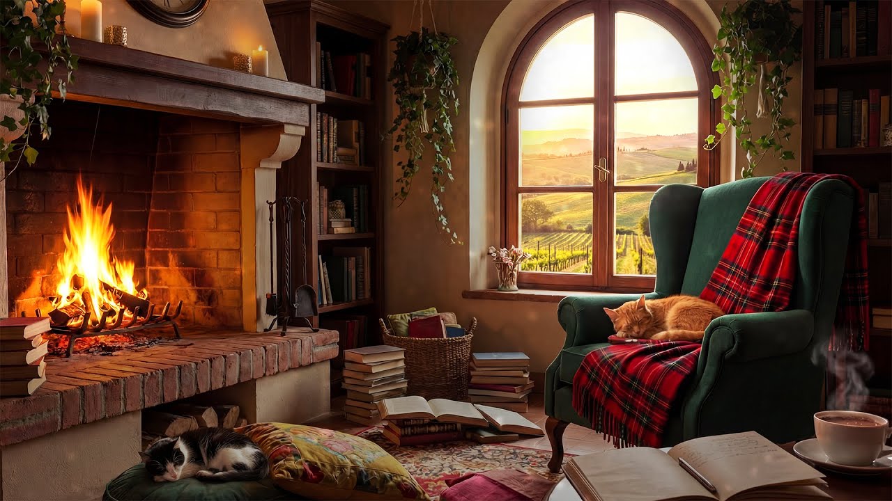 Morning in Tuscany 4K | Fireplace Crackles & Gentle Piano for Focus